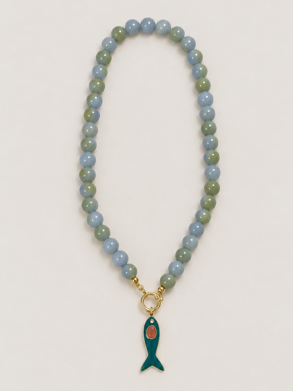 New! Green Blue Marbled Beaded Fish Necklace NWOT 1026